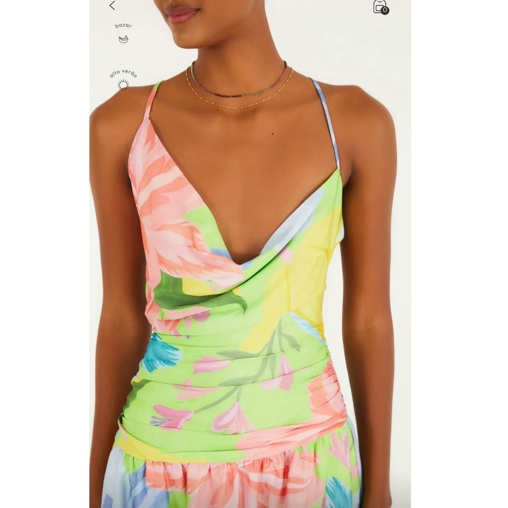 Farm Rio Love of Flower Short Dress Neon Floral Draped Cowl Neck Open Back Sz S - Picture 2 of 16